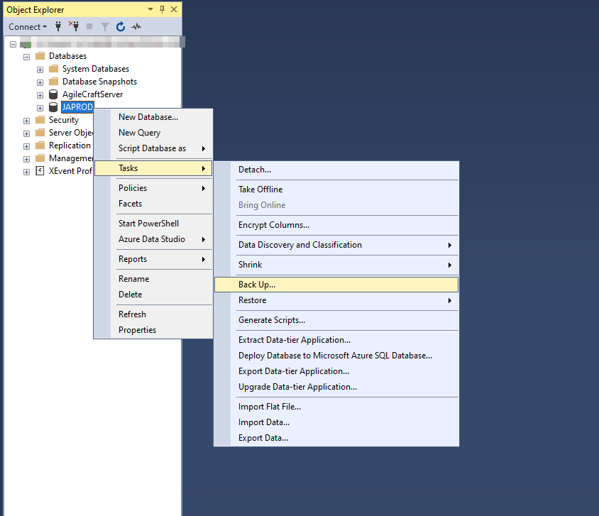 Database refresh Back Up option displays under the Tasks menu.png