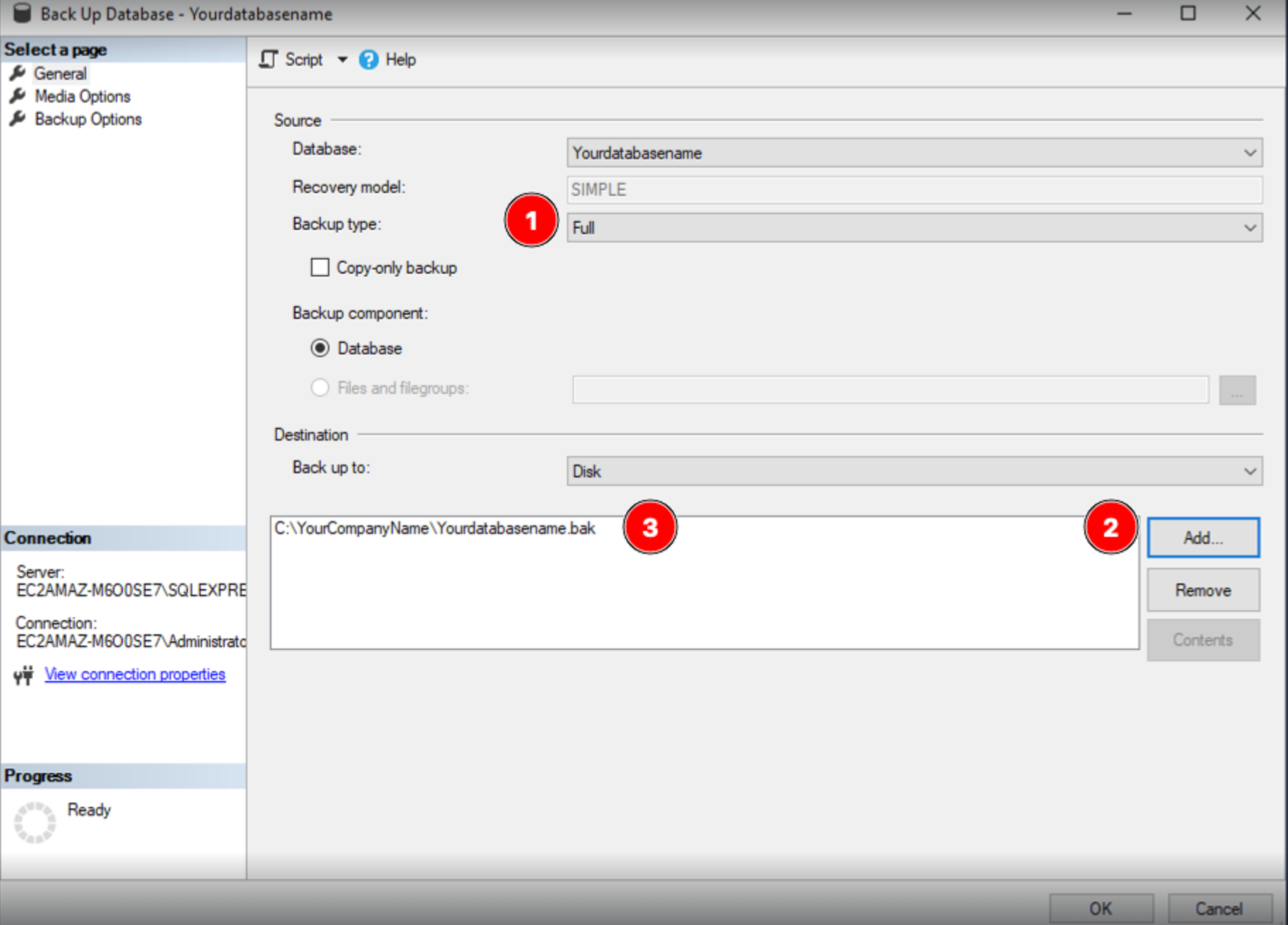 Back up database window with backup type set to full, and destination folder selected.png