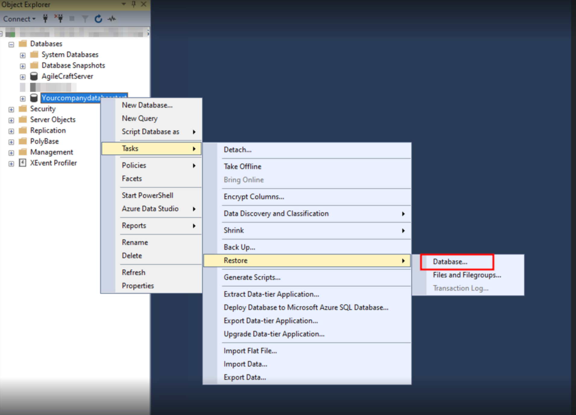 Option to restore database located by right-clicking the database name, then selecting Tasks, Restore, Database.png