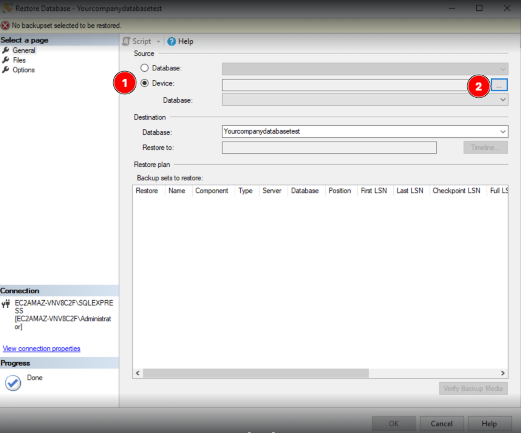 Screenshot highlighting location of Device option and ellipses button in the Restore Database modal.png