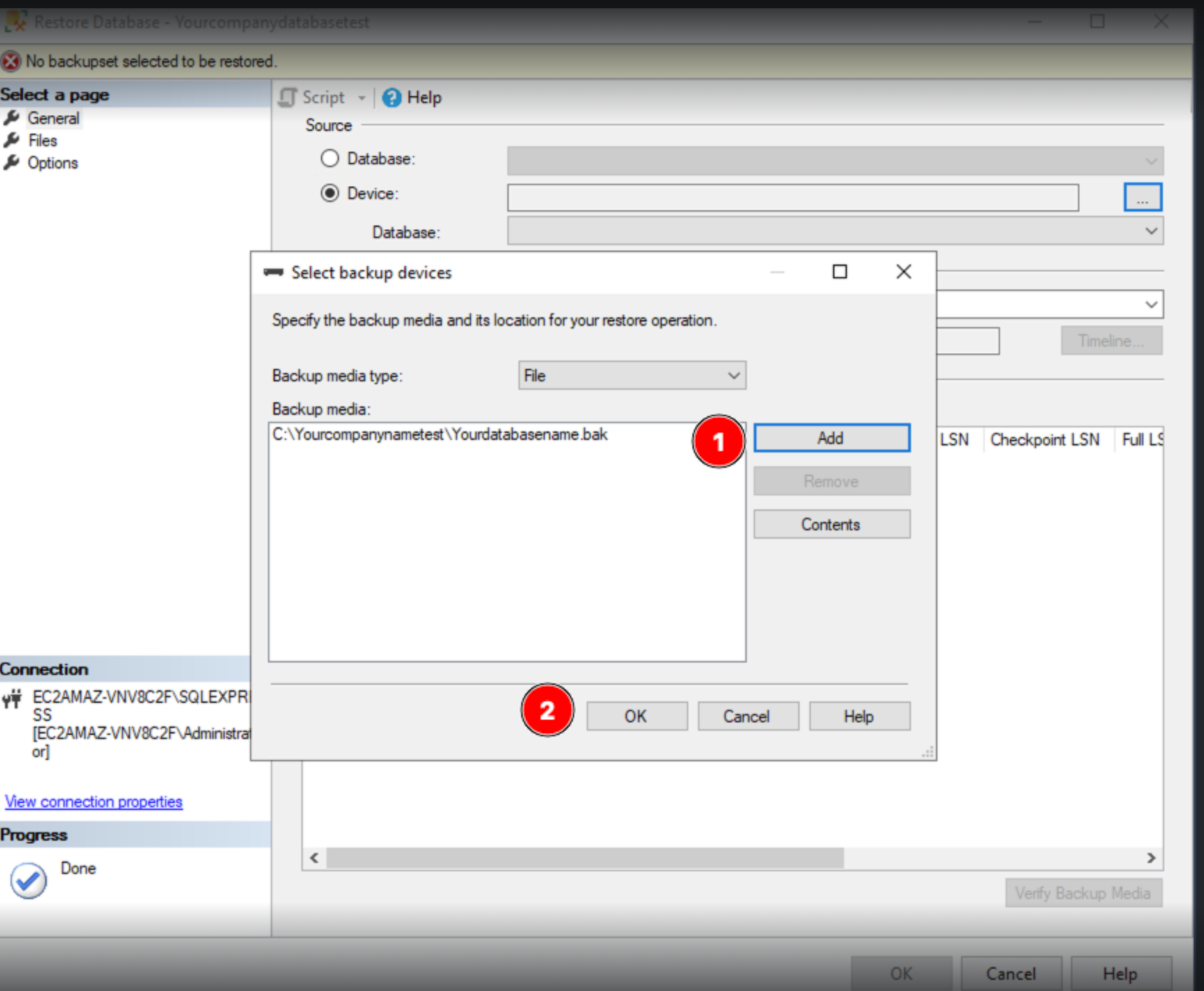 Select backup devices modal with the Add button and OK button highlighted.png