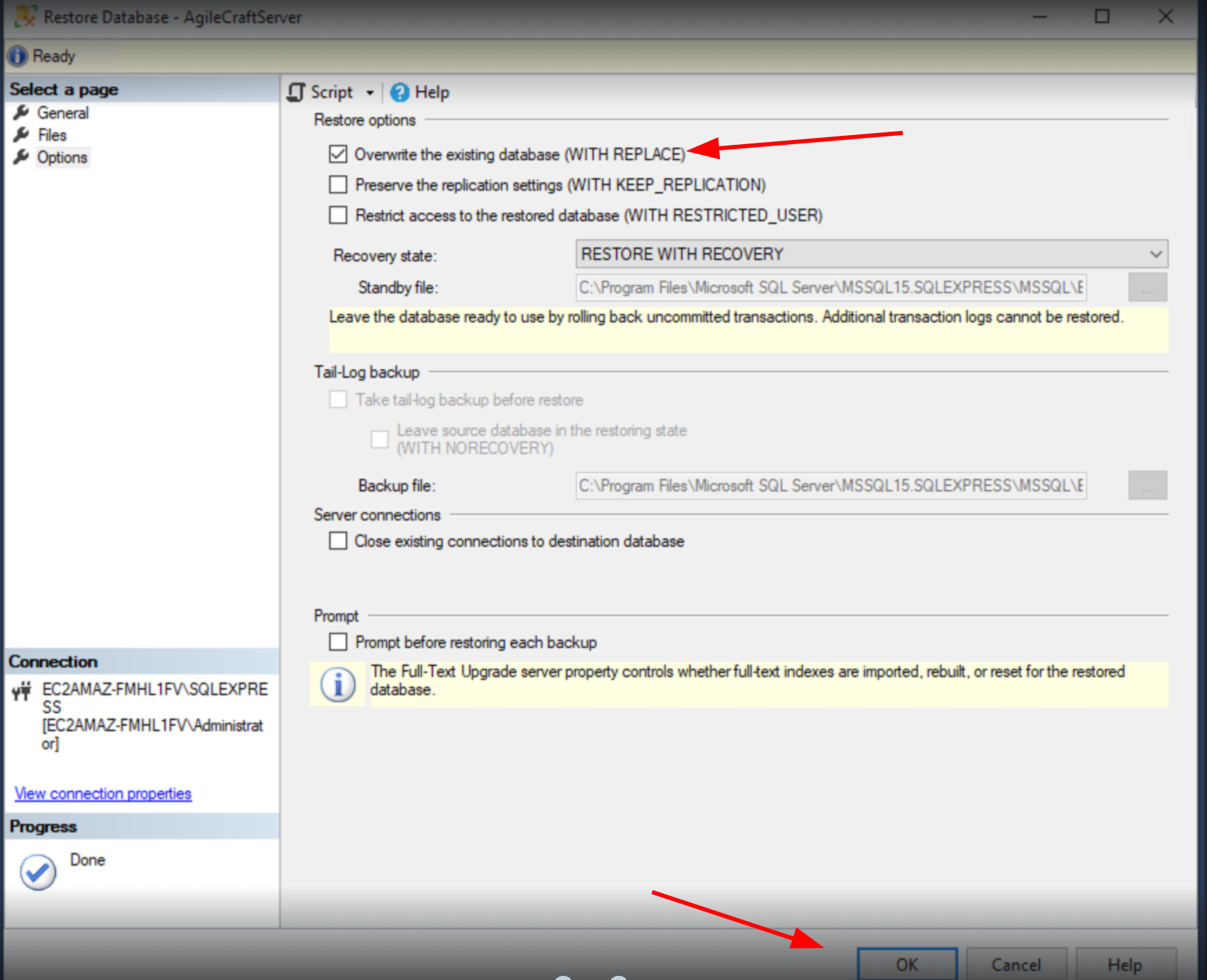 Restore Database modal with Overwrite the existing database with replace option and OK button highlighted.png